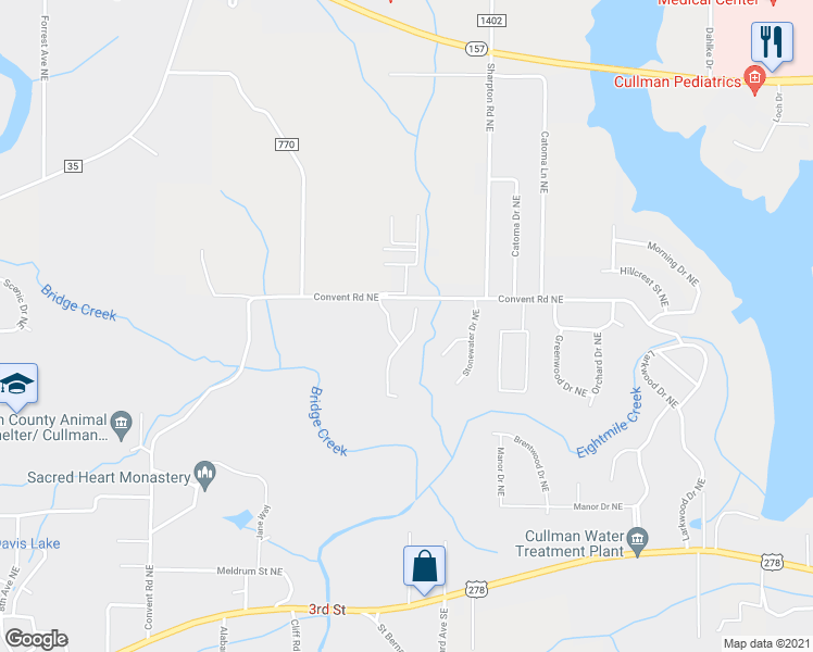 map of restaurants, bars, coffee shops, grocery stores, and more near 1409 Clearwater Drive Northeast in Cullman