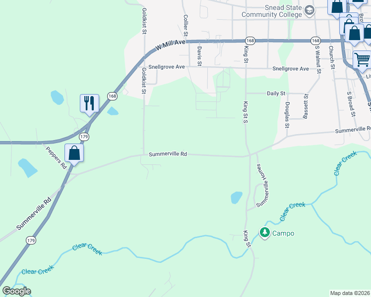 map of restaurants, bars, coffee shops, grocery stores, and more near 1084 Summerville Road in Boaz