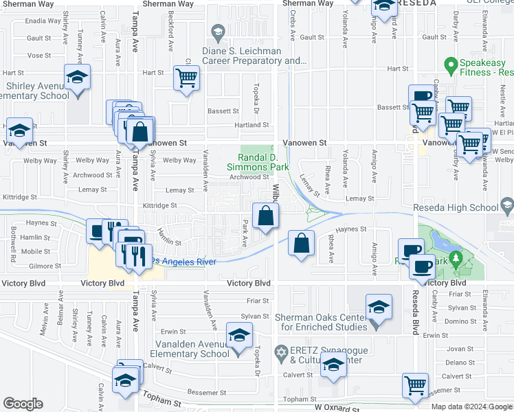 map of restaurants, bars, coffee shops, grocery stores, and more near 18931 Kittridge Street in Los Angeles