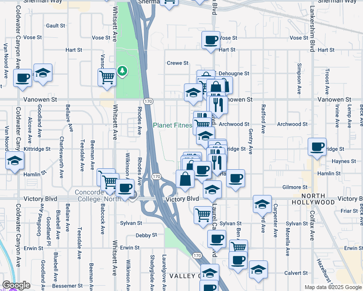 map of restaurants, bars, coffee shops, grocery stores, and more near 6608 Saint Clair Avenue in Los Angeles