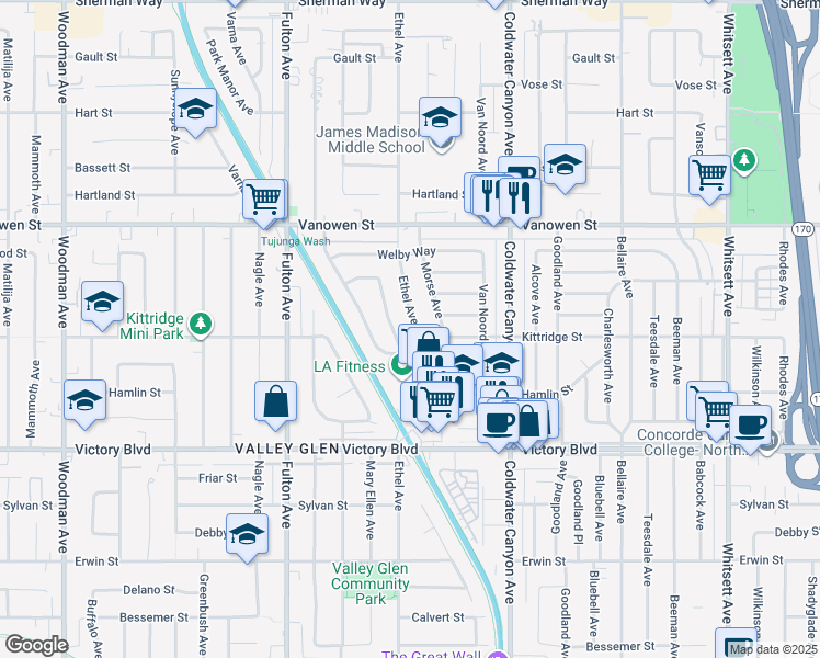 map of restaurants, bars, coffee shops, grocery stores, and more near 6621 Ethel Avenue in Los Angeles