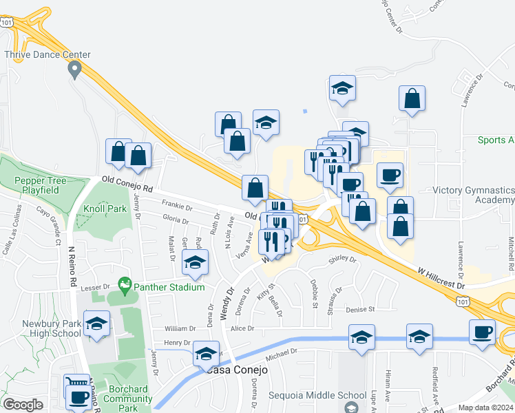 map of restaurants, bars, coffee shops, grocery stores, and more near 3175 Old Conejo Road in Thousand Oaks