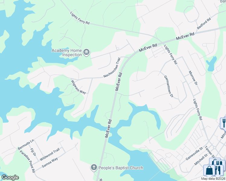 map of restaurants, bars, coffee shops, grocery stores, and more near 5972 McEver Road in Flowery Branch