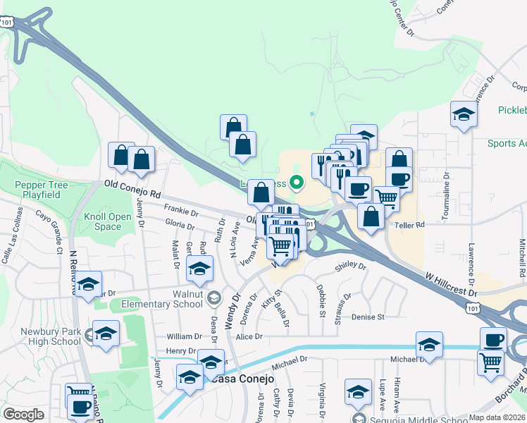 map of restaurants, bars, coffee shops, grocery stores, and more near 3175 Old Conejo Road in Thousand Oaks