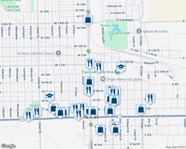 map of restaurants, bars, coffee shops, grocery stores, and more near 312 West 10th in Plainview