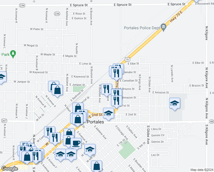 map of restaurants, bars, coffee shops, grocery stores, and more near 700 East Canadian Street in Portales