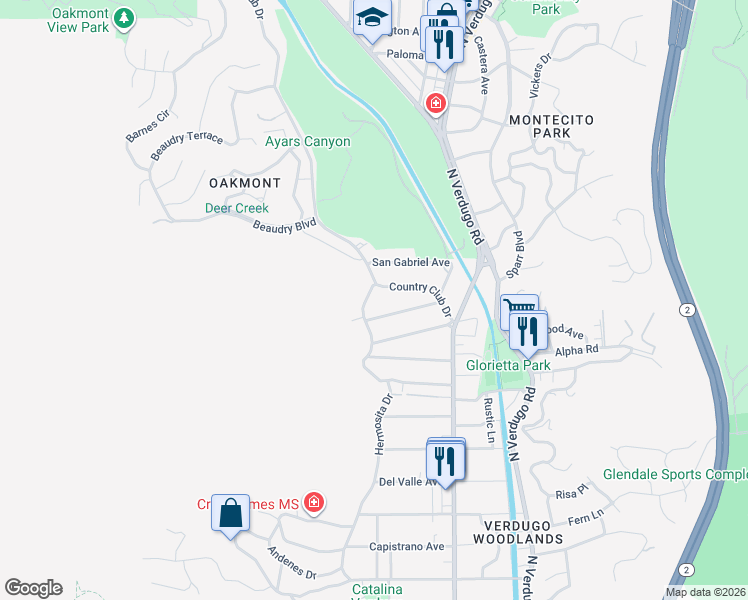 map of restaurants, bars, coffee shops, grocery stores, and more near 2967 Hermosita Drive in Glendale