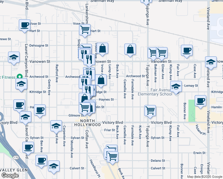 map of restaurants, bars, coffee shops, grocery stores, and more near 6618 Lemp Avenue in Los Angeles