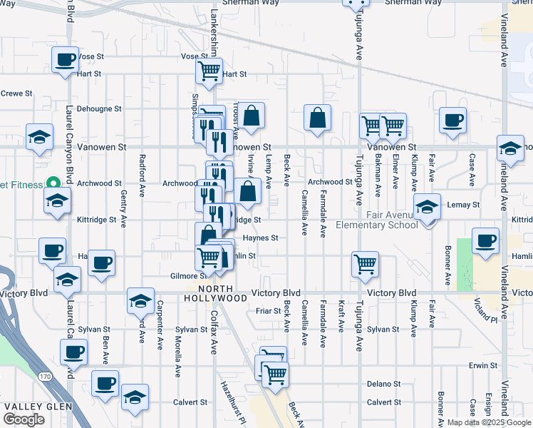 map of restaurants, bars, coffee shops, grocery stores, and more near 6618 Lemp Avenue in Los Angeles