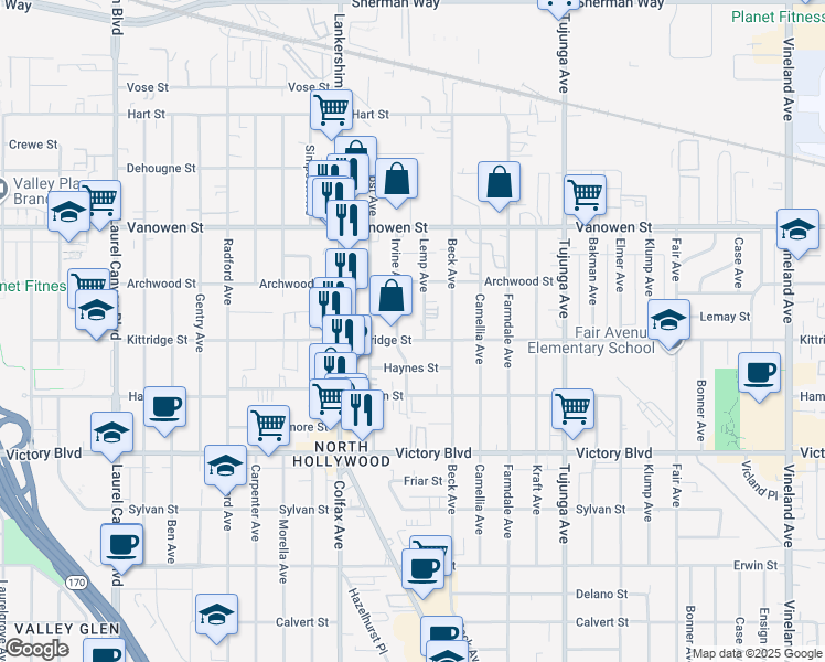 map of restaurants, bars, coffee shops, grocery stores, and more near 6618 Lemp Avenue in Los Angeles
