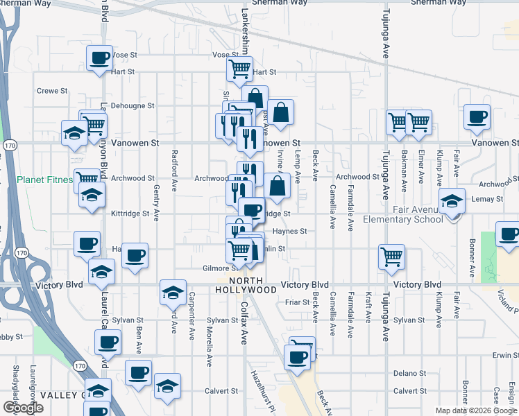 map of restaurants, bars, coffee shops, grocery stores, and more near 6606 Lankershim Boulevard in Los Angeles