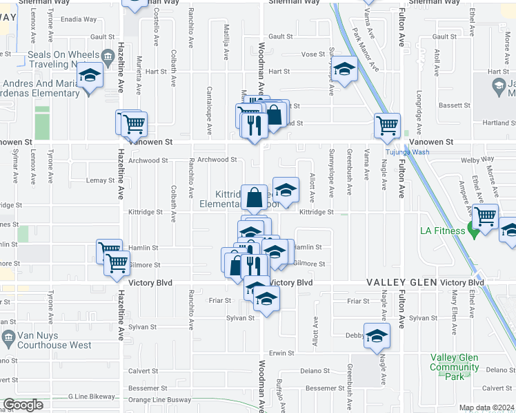 map of restaurants, bars, coffee shops, grocery stores, and more near 6624 Woodman Avenue in Los Angeles