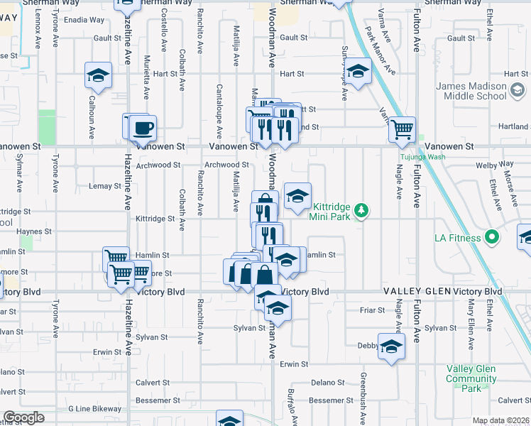 map of restaurants, bars, coffee shops, grocery stores, and more near 6624 Woodman Avenue in Los Angeles