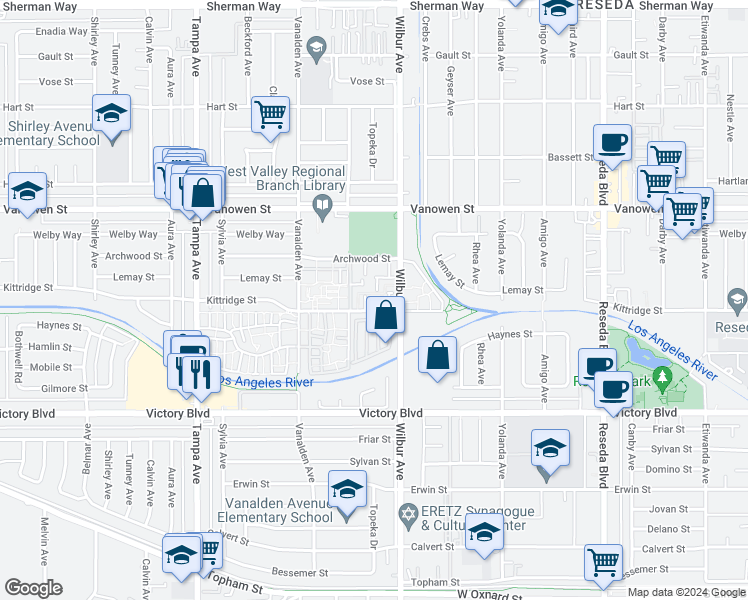 map of restaurants, bars, coffee shops, grocery stores, and more near 6633 Wilbur Avenue in Los Angeles