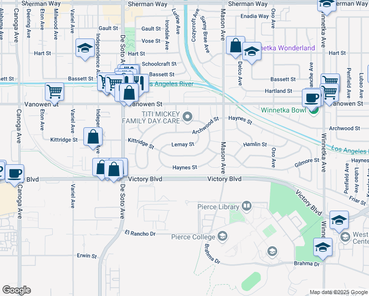 map of restaurants, bars, coffee shops, grocery stores, and more near 20641 Lemay Street in Los Angeles