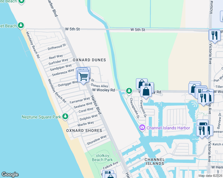 map of restaurants, bars, coffee shops, grocery stores, and more near 1056 Canal Street in Oxnard
