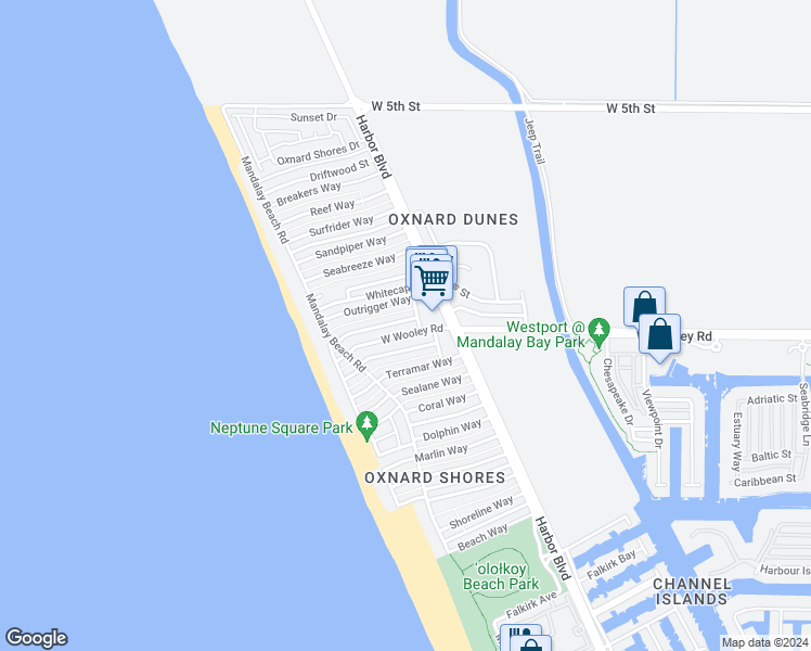 map of restaurants, bars, coffee shops, grocery stores, and more near 5131 Breakwater Way in Oxnard