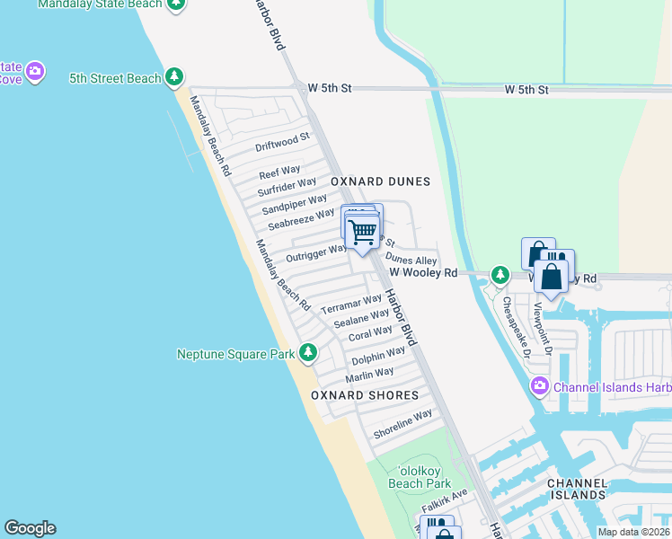 map of restaurants, bars, coffee shops, grocery stores, and more near 5131 Breakwater Way in Oxnard