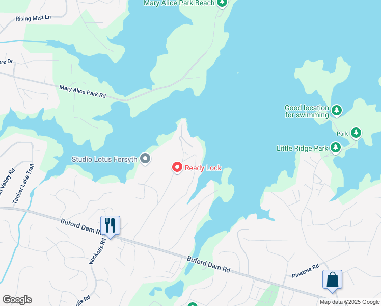map of restaurants, bars, coffee shops, grocery stores, and more near 2300 Habersham Marina Road in Cumming