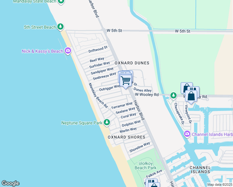 map of restaurants, bars, coffee shops, grocery stores, and more near 5125 West Wooley Road in Oxnard