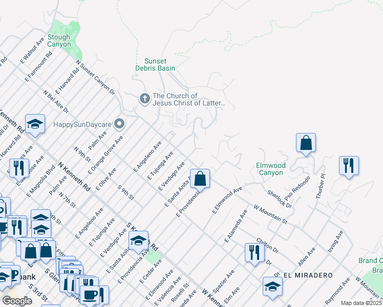 map of restaurants, bars, coffee shops, grocery stores, and more near 557 East Verdugo Avenue in Burbank