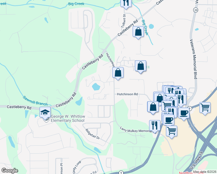 map of restaurants, bars, coffee shops, grocery stores, and more near 3420 Pinehurst Road in Cumming