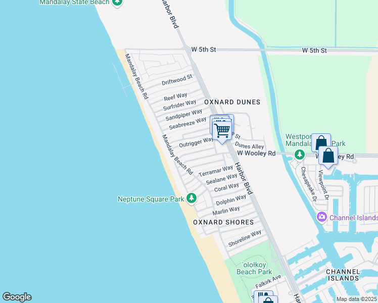 map of restaurants, bars, coffee shops, grocery stores, and more near 5227 Breakwater Way in Oxnard