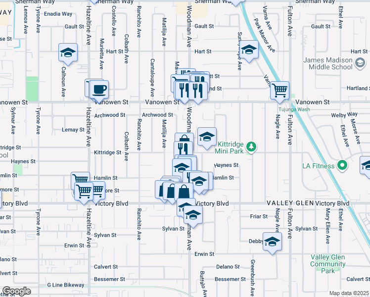 map of restaurants, bars, coffee shops, grocery stores, and more near 6624 Woodman Avenue in Los Angeles