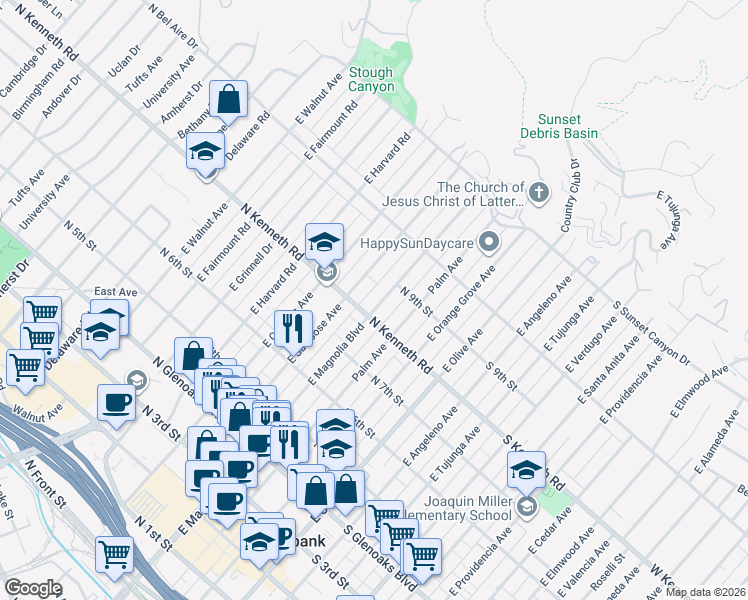 map of restaurants, bars, coffee shops, grocery stores, and more near 815 East Magnolia Boulevard in Burbank