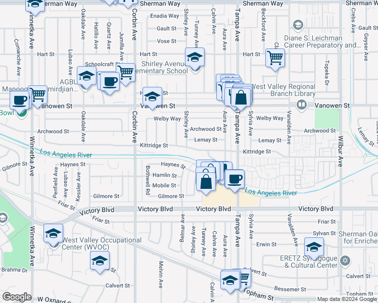 map of restaurants, bars, coffee shops, grocery stores, and more near 19448 Kittridge Street in Los Angeles
