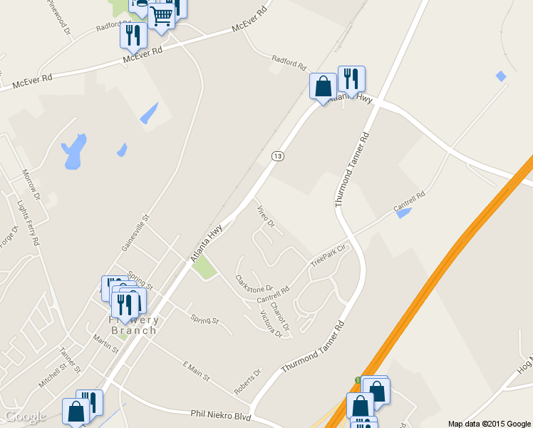 map of restaurants, bars, coffee shops, grocery stores, and more near 4956 Vireo Drive in Flowery Branch
