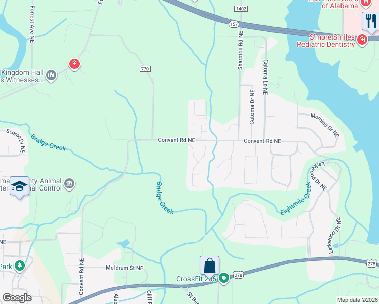 map of restaurants, bars, coffee shops, grocery stores, and more near 1409 Wishing Well Drive Northeast in Cullman