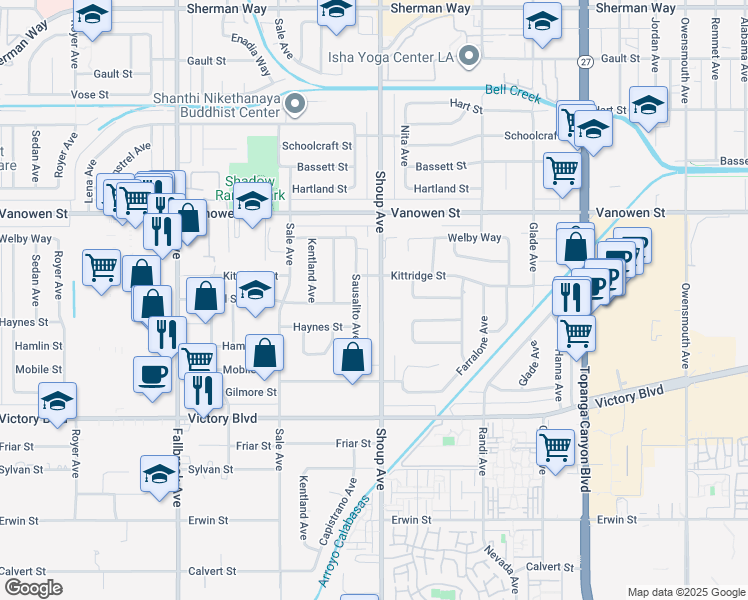 map of restaurants, bars, coffee shops, grocery stores, and more near 6615 Shoup Avenue in Los Angeles