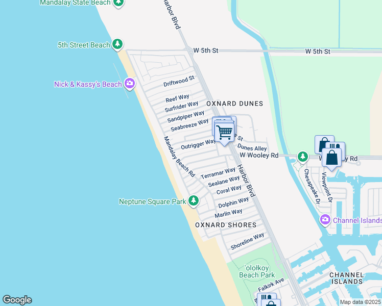 map of restaurants, bars, coffee shops, grocery stores, and more near 5227 Breakwater Way in Oxnard