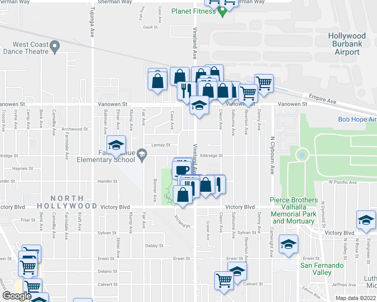 map of restaurants, bars, coffee shops, grocery stores, and more near 6633 Vineland Avenue in Los Angeles