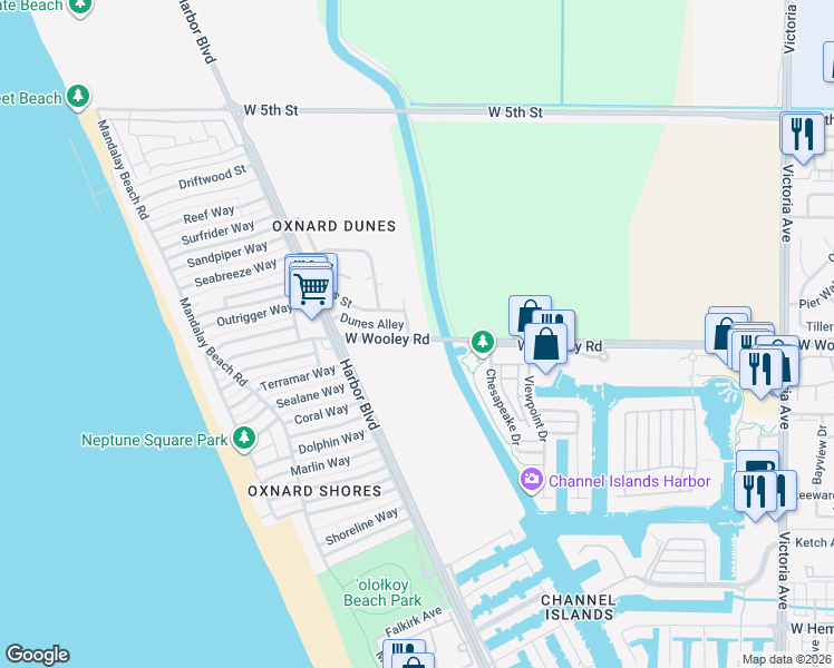 map of restaurants, bars, coffee shops, grocery stores, and more near 1056 Canal Street in Oxnard