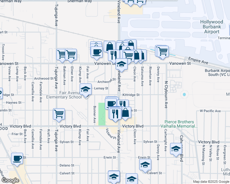 map of restaurants, bars, coffee shops, grocery stores, and more near 11025 Kittridge Street in Los Angeles