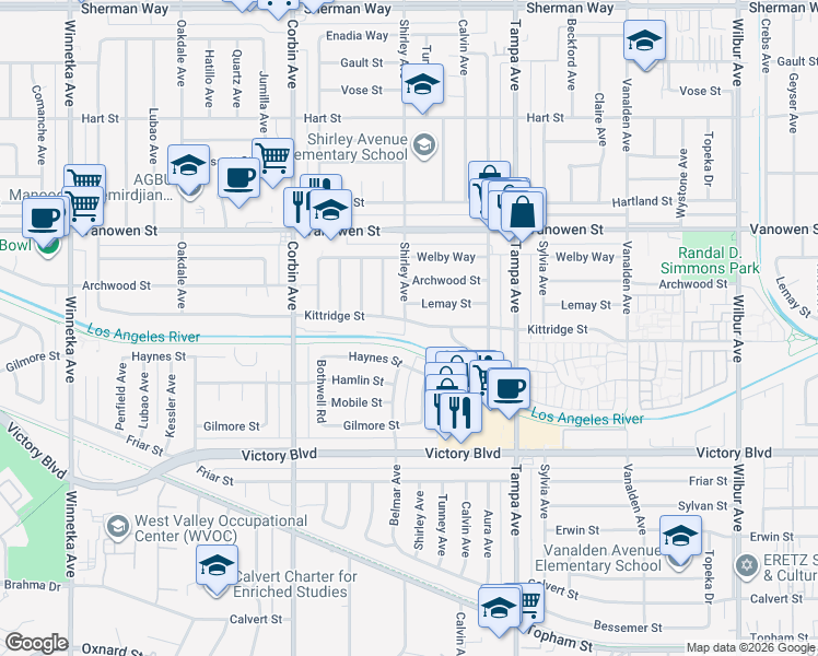 map of restaurants, bars, coffee shops, grocery stores, and more near 19448 Kittridge Street in Los Angeles
