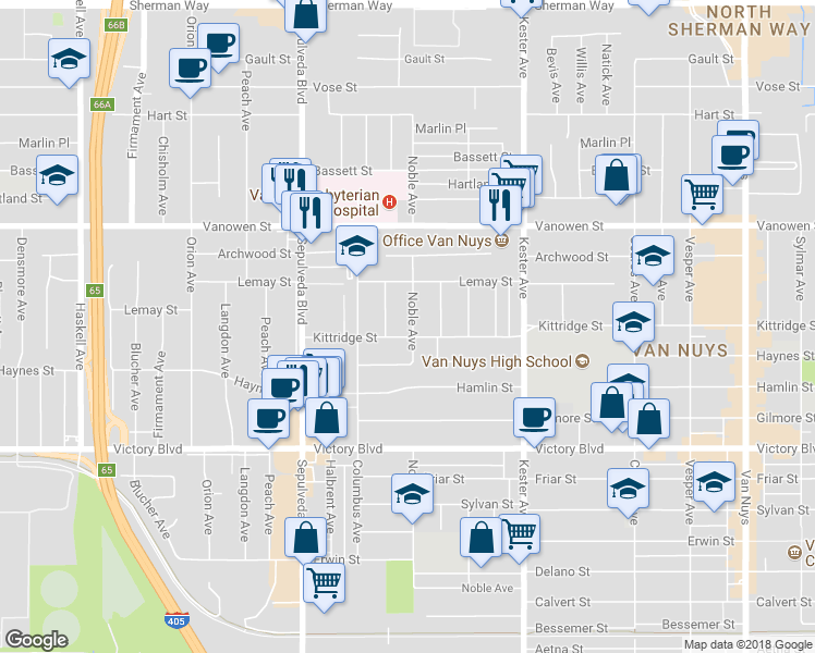map of restaurants, bars, coffee shops, grocery stores, and more near 6607 Noble Avenue in Los Angeles