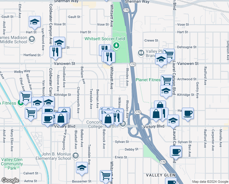 map of restaurants, bars, coffee shops, grocery stores, and more near 6610 Whitsett Avenue in Los Angeles