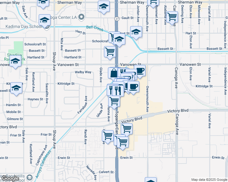 map of restaurants, bars, coffee shops, grocery stores, and more near 6633 Topanga Canyon Boulevard in Los Angeles
