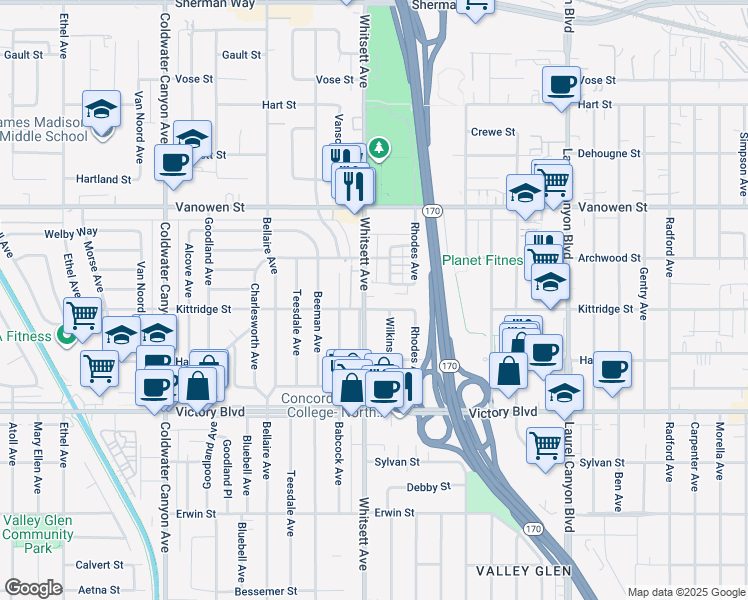 map of restaurants, bars, coffee shops, grocery stores, and more near 6610 Whitsett Avenue in Los Angeles