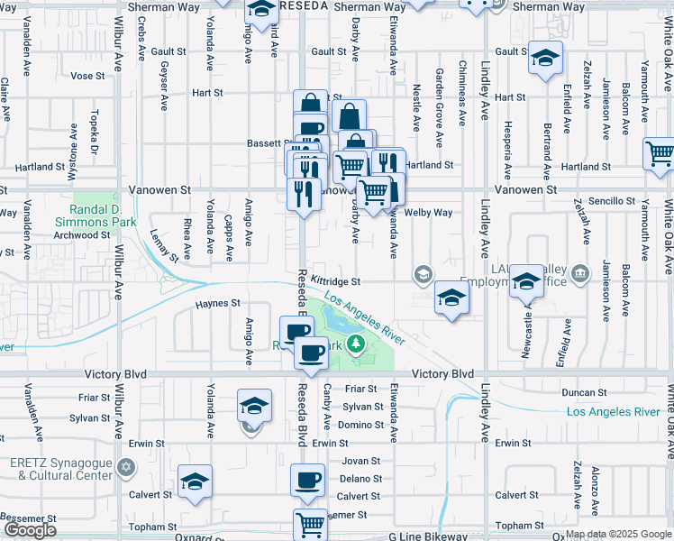 map of restaurants, bars, coffee shops, grocery stores, and more near 18425 Kittridge Street in Los Angeles
