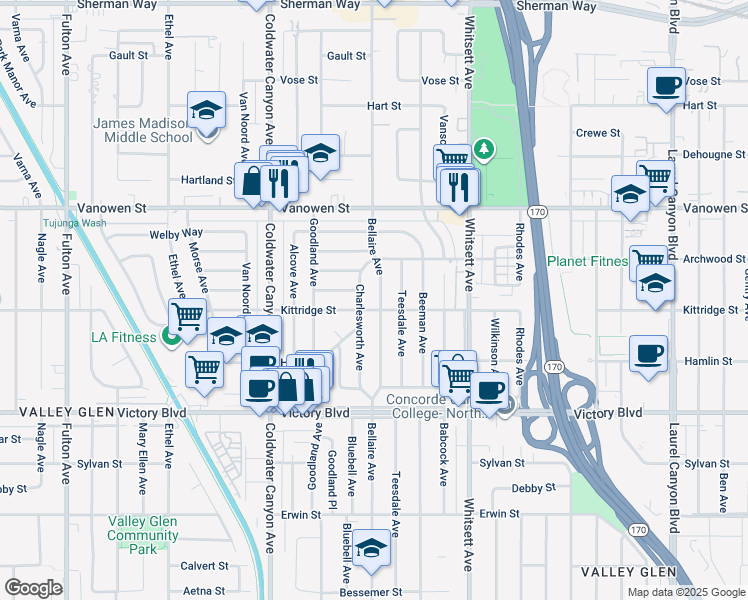 map of restaurants, bars, coffee shops, grocery stores, and more near 6609 Bellaire Avenue in Los Angeles