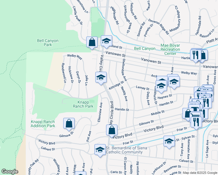 map of restaurants, bars, coffee shops, grocery stores, and more near 24315 Kittridge Street in Los Angeles