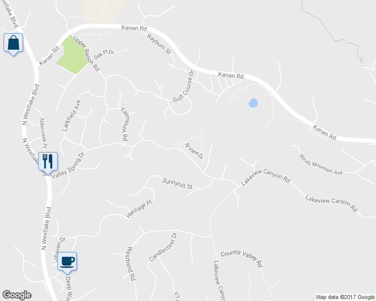 map of restaurants, bars, coffee shops, grocery stores, and more near 1527 North View Drive in Westlake Village