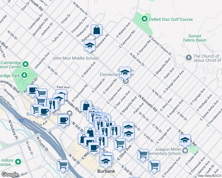 map of restaurants, bars, coffee shops, grocery stores, and more near 636 East Harvard Road in Burbank