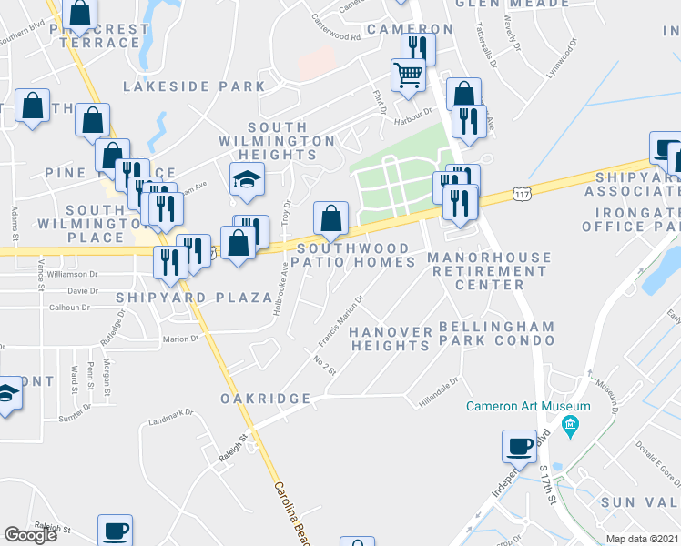map of restaurants, bars, coffee shops, grocery stores, and more near 1198 Shipyard Boulevard in Wilmington