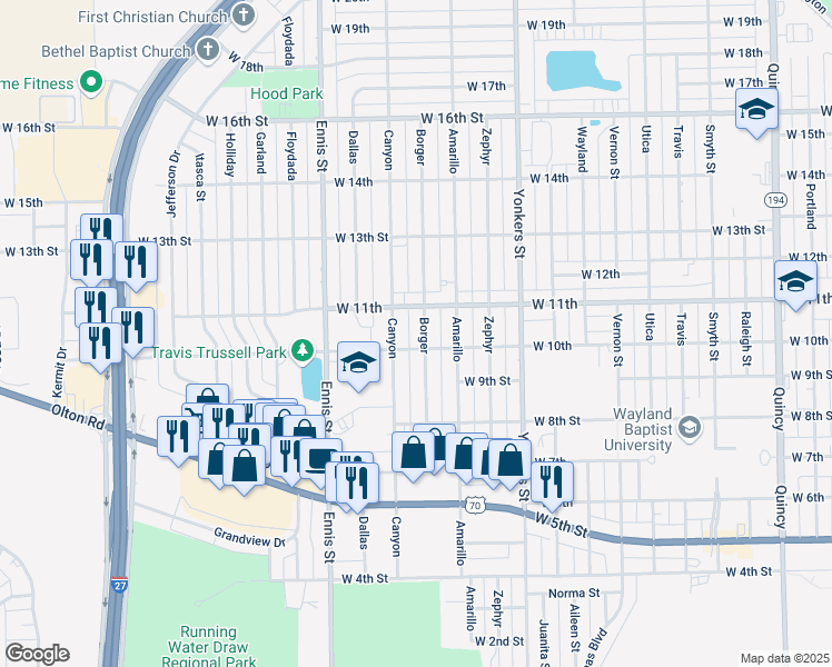 map of restaurants, bars, coffee shops, grocery stores, and more near 1008 Canyon St in Plainview