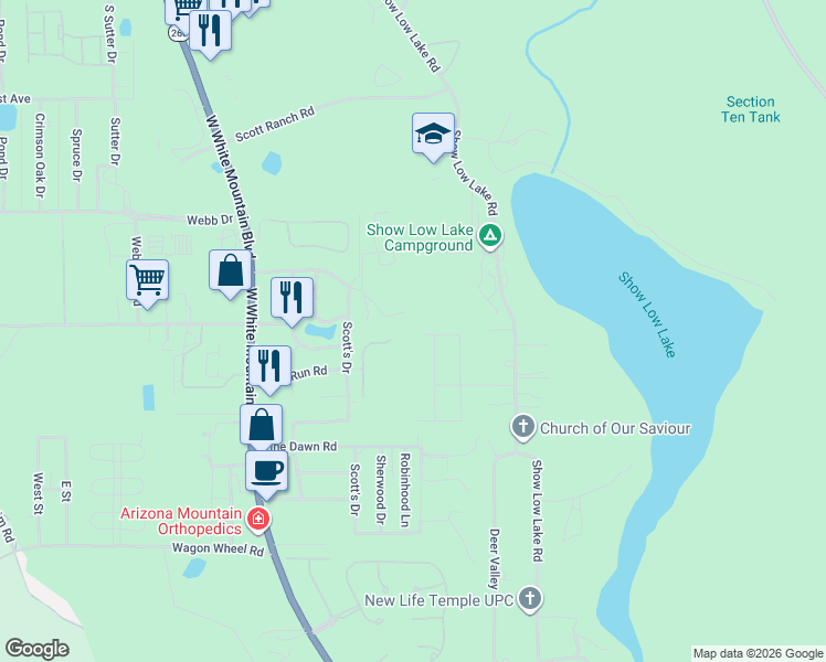 map of restaurants, bars, coffee shops, grocery stores, and more near 5020 Bison Trail in Navajo County